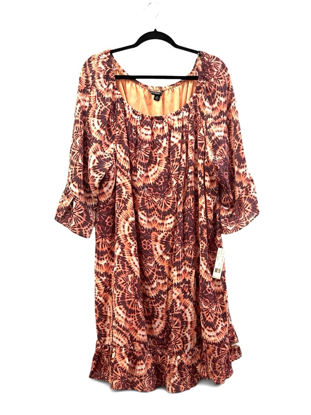 NWT Zac & Rachel Woman Coral Multi Print Boho Scoop Neck Ruffle Hem Dress 2X